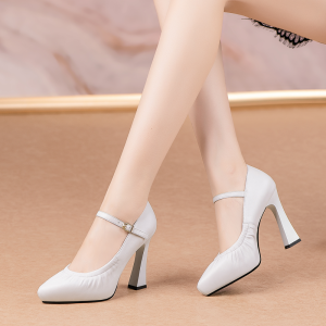 Black High Heels Soft Leather Chunky Heel Walking Show Work Womens Single Shoes Cross Buckle Strap Pure Color Casual Style