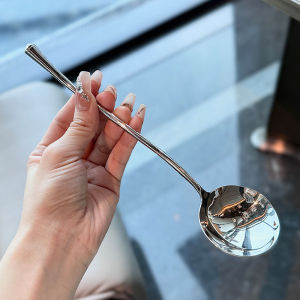 [Design for Personal Use] Good-looking Stainless Steel Dessert Spoon Small Waist round Head Long Handle Spoon For Home Western Food Spoon