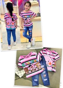 11-45kg bộ thun tay ngắn quần dài bé gái áo thun gân 3D phối quần thun lạnh giả jeans siêu mềm mịn mát! 937-938