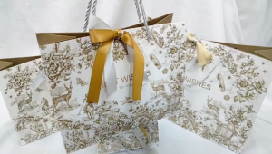 ถุงของขวัญ ผูกโบว์ ริบบิ้น ลายดอกไม้ ลายเส้น สีทอง โบว์ 2 เส้น ใส่ของชำร่วย กระดาษหนา พร้อมส่ง