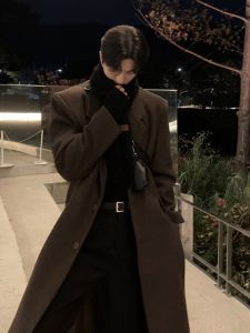 Mens Mid-Length Over-Knee Woolen Coat Shoulder Padded Korean Style Fashionable Autumn Winter Warmth-Keeping Polyester Fiber
