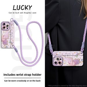 GGUU | iPhone 16 Pro Max Case with Butterfly Wristband High-end Hang Rope 15 Degree Tilt Stand and Shoulder Strap