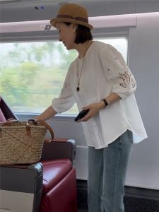 French Style Shirt Womens Thin Summer 2024 New Arrival K-style Loose Fancy Cut Out Petite Top Small Shirt