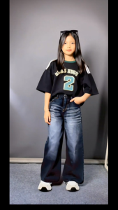 Celana Jeans Kulot Anak Perempuan Pinggang Elastis Motif Stripe Pinggang Rendah Ukuran 8-13  Tahun