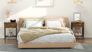 MMFO โต๊ะข้างเตียง โต๊ะข้างโซฟา โต๊ะกาแฟ ดีไซน์สองชั้นพร้อมล็อคเกอร์ ปรับความสูงได้ โครงเหล็กหนารูปตัว X การออกแบบแผ่นรองเท้ากันลื่น แข็งแรงและมั่นคง