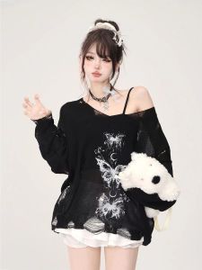 y2k Graffiti butterfly hollowed out long sleeved summer knitted sweater for women oversized loose NCE