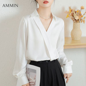AMMIN เสื้อชีฟองผู้หญิงแขนยาวหรูหราสไตล์เกาหลีผ้าซาตินสีขาวผ้าอะซิเตทหรูหรา2023เสื้อผ้าชีฟองคอวีไปแฟชั่นแบบใหม่ในฤดูใบไม้ร่วง