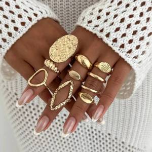 IngeSight.Z 10Pcs/Set Punk Gold Color Irregular Smooth Open Rings for Women Vintage Geometric Wave Joint Ring Party Jewelry Gift