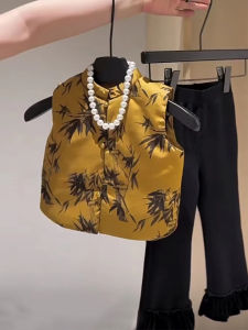 Autumn Winter Girls Hanfu Clothing Bamboo Leaf Button Stand Collar Silk Vest Childrens Traditional Chinese Style Outfit