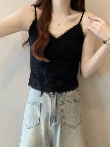 Áo Ba Lỗ Ren Đen Một Mảnh Có Đệm Ngực Cho Nữ Mùa Hè 2025 Áo Ba Lỗ Bó Sát Cổ Chữ V Tay Dây Hở Lưng Màu Trơn