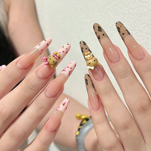 สวมเกราะผลิตภัณฑ์เล็บทําด้วยมือบริสุทธิ์ 2024 ใหม่ฤดูใบไม้ร่วงฤดูหนาวน่ารักการ์ตูน KT แมวเป็ดสไตล์ฝรั่งเศสรูปไข่ Cool พิมพ์เสือดาว