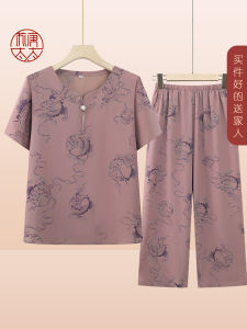 Old Womens Summer Short Sleeve Two-piece Set Mother-in-Law Clothes Women Loose Plus Size Grandma Summer T-shirt