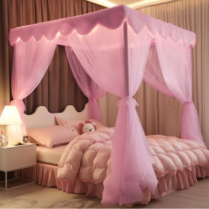4Corner Pink Canopy Bed Curtains Post Pink Mesh Bed Curtains Canopy Twin Bed Canopy Curtains for Adults Girls Bedroom Decoration