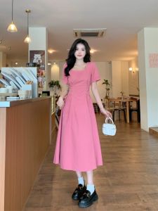 French เด็กผู้หญิง Escape Princess Pink เดรส Large Size Slim ทรงเอ Square ปกเสื้อ เดนิม ฤดูร้อน ผู้หญิง แฟชั่น ลำลอง กระโปรงยาวปานกลาง