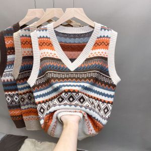 เสื้อกั๊กถักคอวีแขนกุดสำหรับผู้หญิง เสื้อคลุมกันหนาวแบบย้อนยุค ผ้าขนแกะ ทรงปกติ แขนยาว ปกติ แขนยาว ปกติ