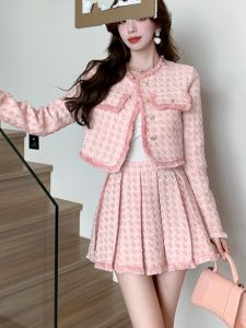 This Years Popular Beautiful Suit Skirt for Women Fall and Winter Pink Classic Style Two-piece Set Elegant Socialite Pleated Skirt Small Dress
