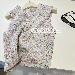 Classic Style V-neck Vest Knitting Cardigan Womens Autumn Outwear Color Yarn High Ji Sense Split Short Fashionable Vest