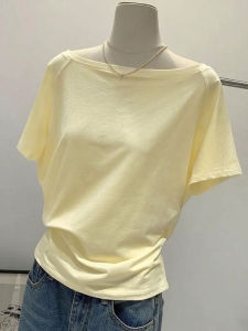 Summer Yellow Shoulder Bared Short Sleeve T-Shirt Womens Pure Color Loose Slimming Top Casual Comfortable Breathable Cotton