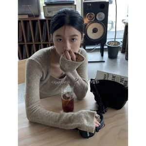 K-style Square Collar Fake Two-Piece Long Sleeves Sweater Female Fall and Winter off-Shoulder Knitting Tops Western Style Slim Fit Inner Bottoming Shirt