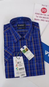 [Việt Tiến Sale] Sơ Mi Ngắn Tay - Regular (Suông) - Vạt vuông - Kẻ ô xanh navy xen vàng nâu