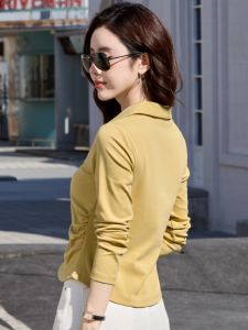 Autumn Short Sleeveless T-Shirt Womens Style Commute Korean Version Pure Color Folded Collar Zipper Slim Fit Waist in Pulling