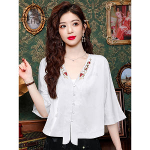 New Chinese Style Embroidered Satin Womens Shirt Summer Loose Belly Covering Chiffon Top V-Neck Seven Sleeve Regular Length