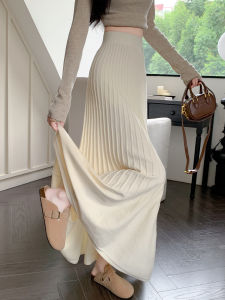 กระโปรงยาวทรงเอเอวสูงผ้าถักสีขาวน้ำตาลสำหรับผู้หญิง ฤดูใบไม้ผลิและฤดูใบไม้ร่วง กระโปรงทรงเอยาวคลุมเข่าทรงเอเอวสูง