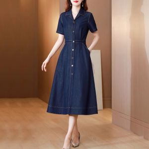 Impression Fashion Women Denim Plain Polo Collar Short Sleeve Cinched Waist A-line Long Dress Plus Size