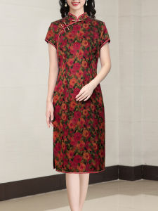 Elegant Silk Cheongsam Dress Midi Length Womens Fashionable Chinese Style New 2025 Breathable Short Sleeve Floral Print