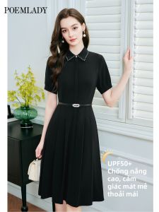 POEMLADY | Sun Protection Cooling Short Sleeve Black Dress for Women Mandarin Collar Waist Defining