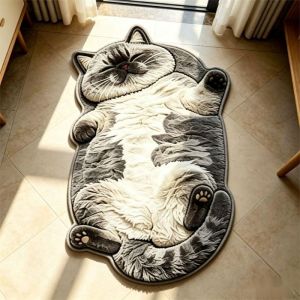 VIKAMA Cute Lying Belly Up Tabby Cat Shaped Bath Mat Soft Non Slip Bathroom Entry Doormat Bedroom Bedside Carpet Home Decor
