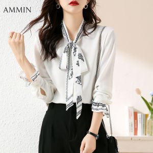 AMMIN Áo Voan In Hoa Lãng Mạn Và Ngọt Ngào Phong Cách Hàn Quốc Cho Quý Cô Mới Áo Cánh Voan Mặt Dây Chuyền Ren Thanh Lịch In Hình Cá Tính Thời Trang Mới Áo Thêu Tay Đèn Lồng