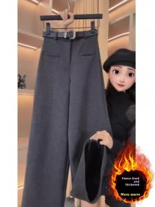 Womens Woolen Wide Leg Pants Spring Autumn Winter Fleece Lined Slim Straight Casual Suit Pants High Waist Zipper Closure