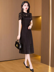 MAIMEI | Elegant Black Improved Cheongsam Dress Formal Occasion High Waist A-Line Skirt Short Sleeve High Quality Polyester Fiber