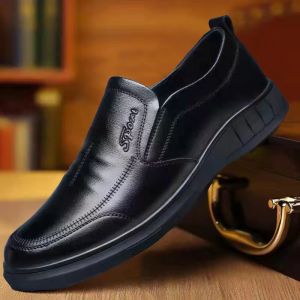 Mens Summer Soft Bottom Leather Shoes Comfortable Breathable Casual Fashion Business Shoes Trendy round Toe Lace-Up Benke