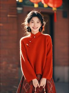 Red Button Sweater Womens New Chinese Style National Trend Unique High-End Feeling Beautiful Embroidery Winter Knitwear