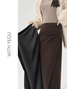 Caramel Folded Woolen Mini Midi Skirt Womens Design Sense Asymmetrical A-Line Bodycon Skirt Small Size Straight Tube Trendy