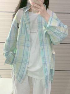 100% Cotton Green Womens Shirt Loose Fit Inner Wear Layering Slimming Outerwear Korean Style Long Sleeve Button Pocket