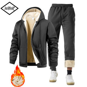 Mens Suit Two-Piece Tracksuit Plush Thickened Warm Sports Jacket+Trousers Sports Suit Winter Outdoor Casual Hoodie Sportswear