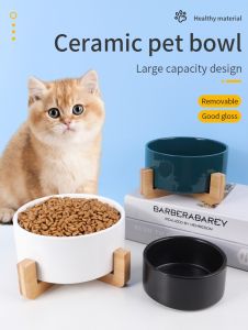 Ceramic Pet Dog and Cat Food and Water Bowl with Wooden Bamboo Stand