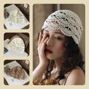 Mũ Len Nữ Đan Tay Họa Tiết Hoa Thoáng Khí Chất Liệu Ren Khăn Quàng Cổ Mùa Xuân Hè Móc Len Bằng Chỉ Cotton Mũ Beanie