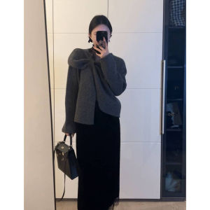 Red Butterfly Knot Sweater Womens Loose Knitted Top Asymmetric Design Winter Fashion Commute Style Warm Long Sleeve Crew Neck