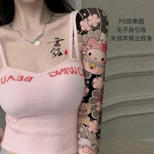 Hellokitty Full Arm Large Flower Tattoo Stickers Kitty Cat Cartoon Waterproof Durable Arm Patch Decals Home Decor Accessories