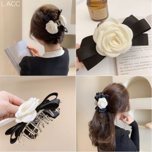 Korean Bow Camellia Big Catch Clip Hairpin White Flower Hair Pins Claw Clips for Women Hair Accessories Hair Clip Girl Shark Clip