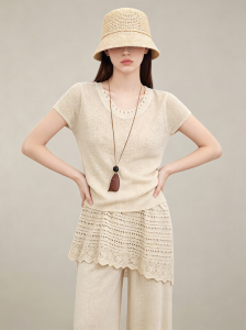 GULILI | Apricot Color Short Sleeve Knit Blouse with Culottes Set Summer Outfit