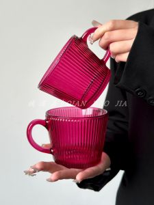 Rose Red Glass Cup with Handle High Aesthetic Value Home Use Drink Water Cup Coffee Cup Large Mouth Drinks Juice Vertical Stripe Cup
