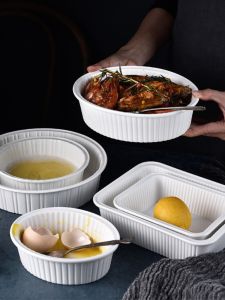 Ceramic Baking Bowl Microwave Oven Roasting Dish Rectangular Circular Cheese Rice Plate Nordic Style Pure Color Dinnerware