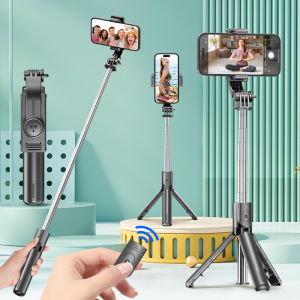 Selfie Stick Tripod with Detachable Bluetooth Remote 360° RotationExtendable Pole Fill Light Option for iPhone Android Phone