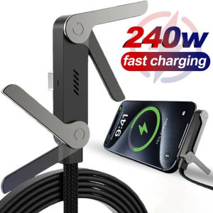 2 IN 1 240W Braided Type C Fast Charging Cable Foldable Phone Stand T Shape Charger Data Cord For iPhone 17 16 Samsung