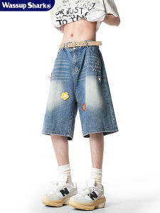 Quần Short Denim Nam Dáng Rộng Mùa Hè WASSUP SHARK American Retro Petal Patch Washed Denim Five-Point Loose Fit Casual Shorts